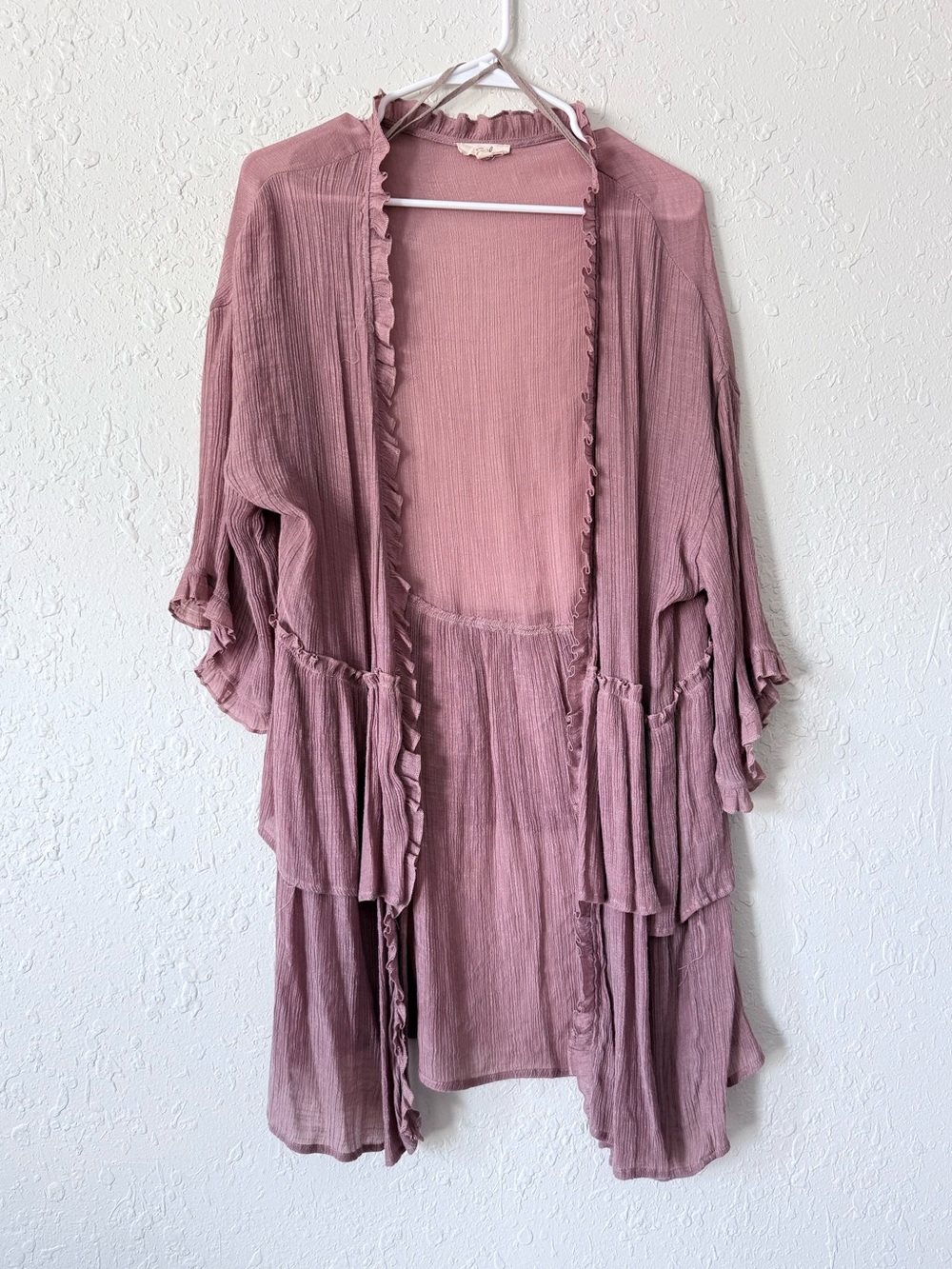 Easel Boho Romantic Tencel Ruffle Open Front 3/4 Sleeve Kimono Cardigan Small